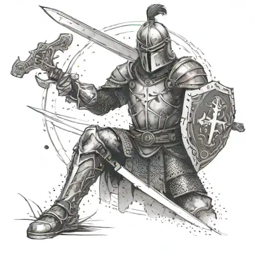 A warrior in full armor holding a sword, with a cross in the background tattoo design idea