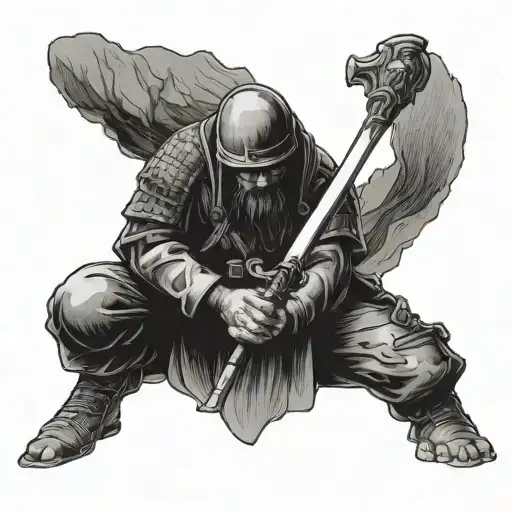 A soldier kneeling in prayer with a sword in hand, surrounded by mountains tattoo design idea