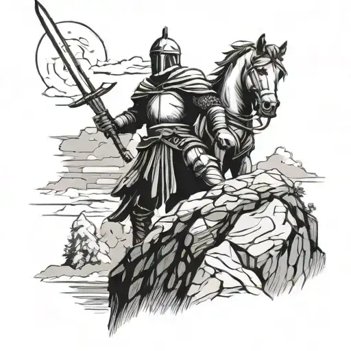 A medieval knight with a sword standing on a mountain peak, gazing towards the sky tattoo design idea