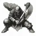 A soldier kneeling in prayer with a sword in hand, surrounded by mountains tattoo design idea