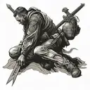 A soldier kneeling in prayer with a sword in hand, surrounded by mountains tattoo design idea