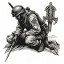 A soldier kneeling in prayer with a sword in hand, surrounded by mountains tattoo design idea