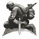 A soldier kneeling in prayer with a sword in hand, surrounded by mountains tattoo design idea