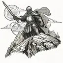 A medieval knight with a sword standing on a mountain peak, gazing towards the sky tattoo design idea