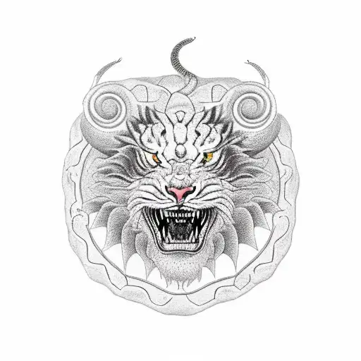 circular Dragon lion snake tiger sided view tattoo design idea
