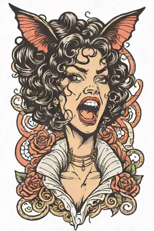 Old school tattoo sketch. Face of a curly black-haired girl with vampire fangs and tongue hanging out tattoo design idea