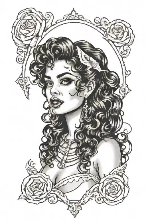 Old school tattoo sketch. Face of a curly black-haired girl with vampire fangs and tongue hanging out tattoo design idea