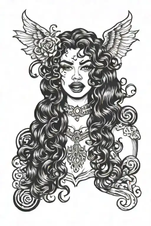 Old school tattoo sketch. Face of a curly black-haired girl with vampire fangs and tongue hanging out tattoo design idea