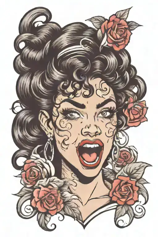 Old school tattoo sketch. Face of a curly black-haired girl with vampire fangs and tongue hanging out tattoo design idea