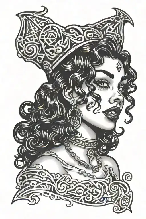 Old school tattoo sketch. Face of a curly black-haired girl with vampire fangs and tongue hanging out tattoo design idea