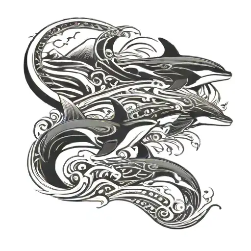 three killer whales swimming through waves with mountains in the background. full sleeve Polynesian theme tattoo design idea