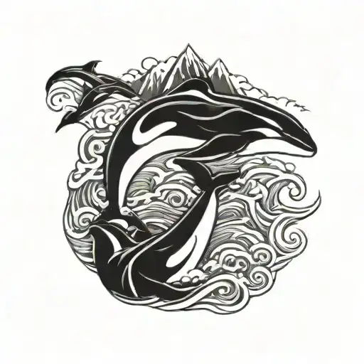 three killer whales swimming through waves with mountains in the background. full sleeve Polynesian theme tattoo design idea