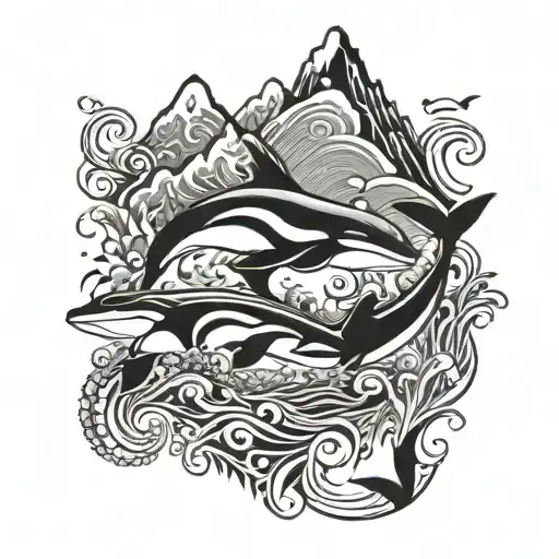 three killer whales swimming with mountains in the background. Polynesia theme full sleeve tattoo design idea