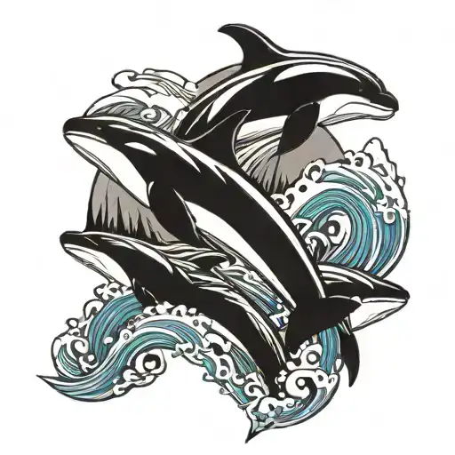 three killer whales swimming through waves with mountains in the background. full sleeve tattoo design idea