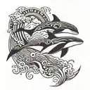 three killer whales swimming through waves with mountains in the background. full sleeve Polynesian theme tattoo design idea