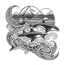 three killer whales swimming through waves with mountains in the background. full sleeve Polynesian theme tattoo design idea
