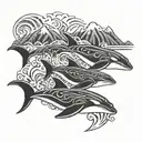 three killer whales swimming through waves with mountains in the background. full sleeve Polynesian theme tattoo design idea