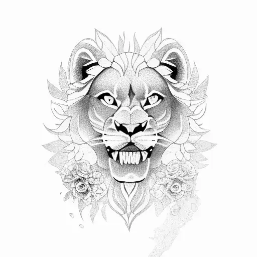 roaring lion with flowers tattoo design idea