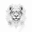 roaring lion with flowers tattoo design idea