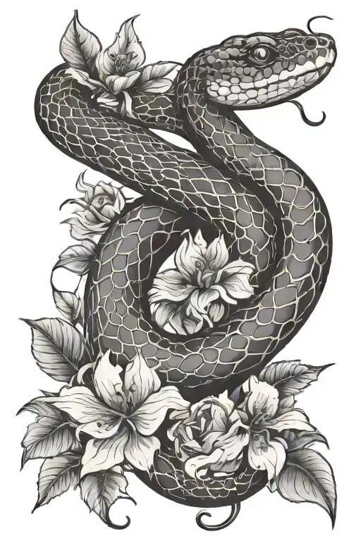 curving snake with flowers   tattoo design idea