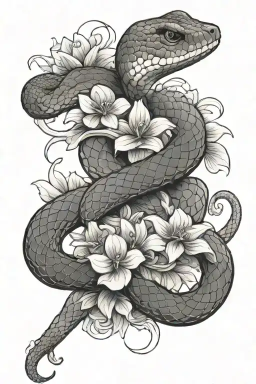 snake with pretty flowers tattoo design idea