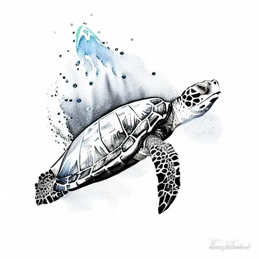 watercolor mermaid swimming downwards with sea turtles, manta rays and jelllyfish tattoo design idea