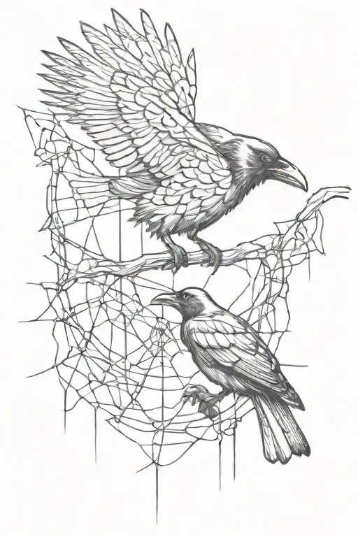 raven and spider weaving a web tattoo design idea