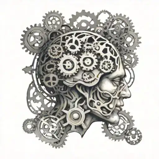 Create a tattoo of a brain surrounded by gears and cogs to represent the intricate workings of the mind and leadership roles tattoo design idea