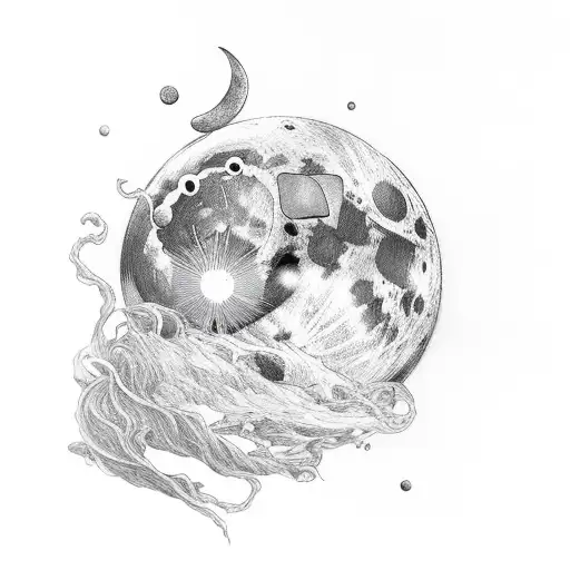 cresent moon with random loops around it with the name reiya hidden in it tattoo design idea