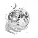 cresent moon with random loops around it with the name reiya hidden in it tattoo design idea