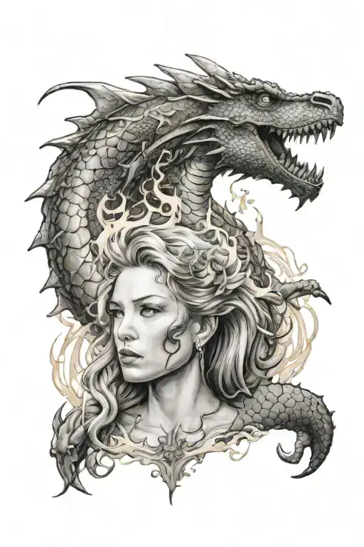 leo women surrounded by fire breathing dragon tattoo design idea