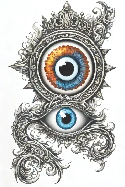 evil eye symbol integrated in a crown surrounded by fire tattoo design idea