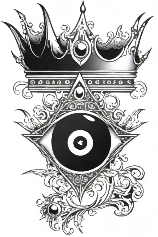 evil eye symbol integrated in a crown surrounded by fire tattoo design idea