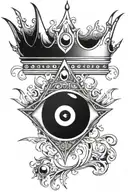 evil eye symbol integrated in a crown surrounded by fire tattoo design idea