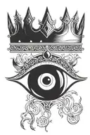 evil eye symbol integrated in a crown surrounded by fire tattoo design idea