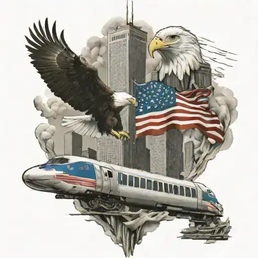 American flag waving Twin towers A train Bald Eagle NY Mets  tattoo design idea