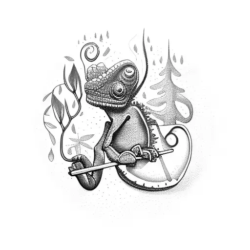 A chameleon playing the drums in a mystical forest tattoo design idea