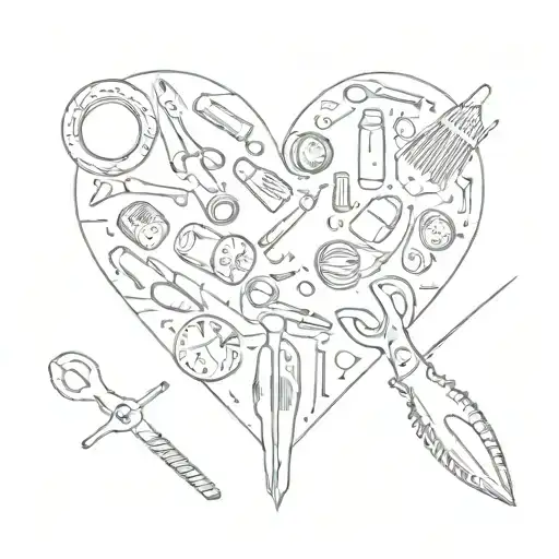 A collage of different crafting tools like scissors, glue, and paper forming a heart shape, reflecting the passion for handmade crafts tattoo design idea