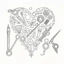 A collage of different crafting tools like scissors, glue, and paper forming a heart shape, reflecting the passion for handmade crafts tattoo design idea