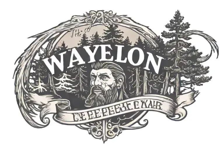 the name Waylon with the date 9/15/23 underneath with pines ones and trees in the background tattoo design idea