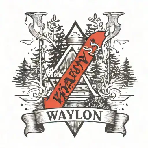 the name Waylon with the date 9/15/23 underneath with pines ones and trees in the background tattoo design idea