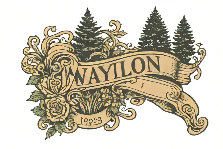 the name Waylon with the date 9/15/23 underneath with pines ones and trees in the background tattoo design idea