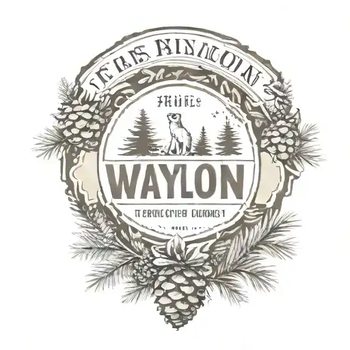the name Waylon with pinecones and other woodland with the date 9/15/23 underneath tattoo design idea
