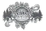 the name Waylon with the date 9/15/23 underneath with pines ones and trees in the background tattoo design idea