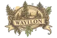 the name Waylon with the date 9/15/23 underneath with pines ones and trees in the background tattoo design idea