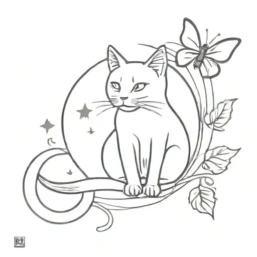 cat, moon, night, butterfly tattoo design idea
