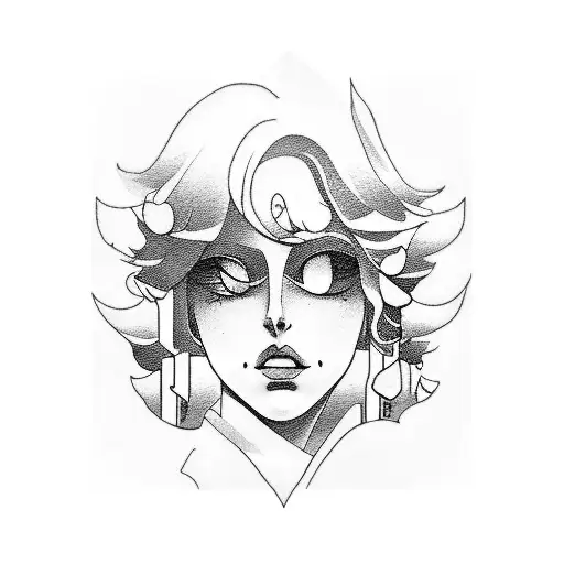 A blackwork tattoo of Lana Del Rey's album cover art combined with elements from a beloved anime series tattoo design idea