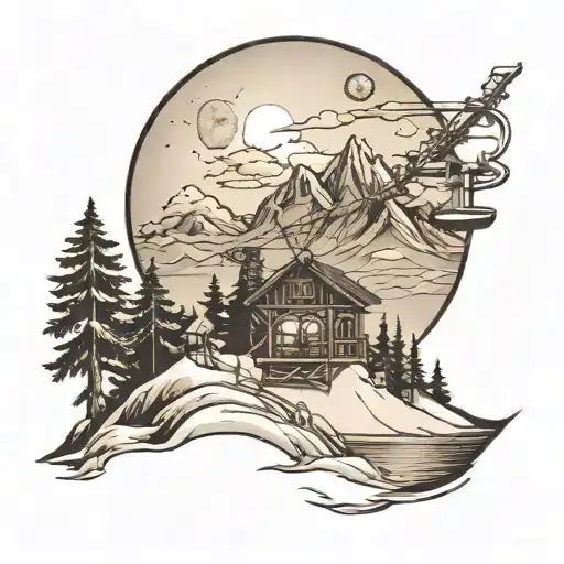 full moon with mountains, ski lift, trees and a lake tattoo design idea