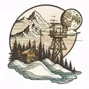 full moon with mountains, ski lift, trees and a lake tattoo design idea