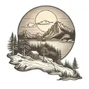 full moon with mountains, ski lift, trees and a lake tattoo design idea